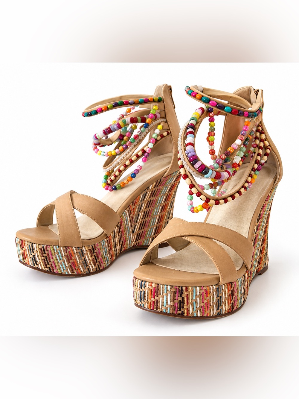 Getmorebeauty Tan Multicolor Beaded Boho Platform Wedge Sandals EU 39